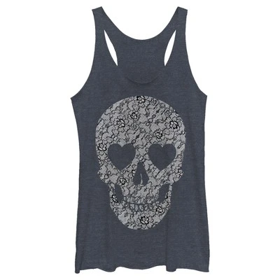 Women's Lost Gods Lace Print Heart Skull Racerback Tank Top 4 Women's Lost Gods Lace Print Heart Skull Racerback Tank Top - Image 4