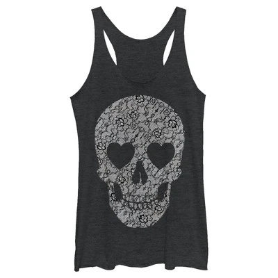 Women's Lost Gods Lace Print Heart Skull Racerback Tank Top 3 Women's Lost Gods Lace Print Heart Skull Racerback Tank Top - Image 3